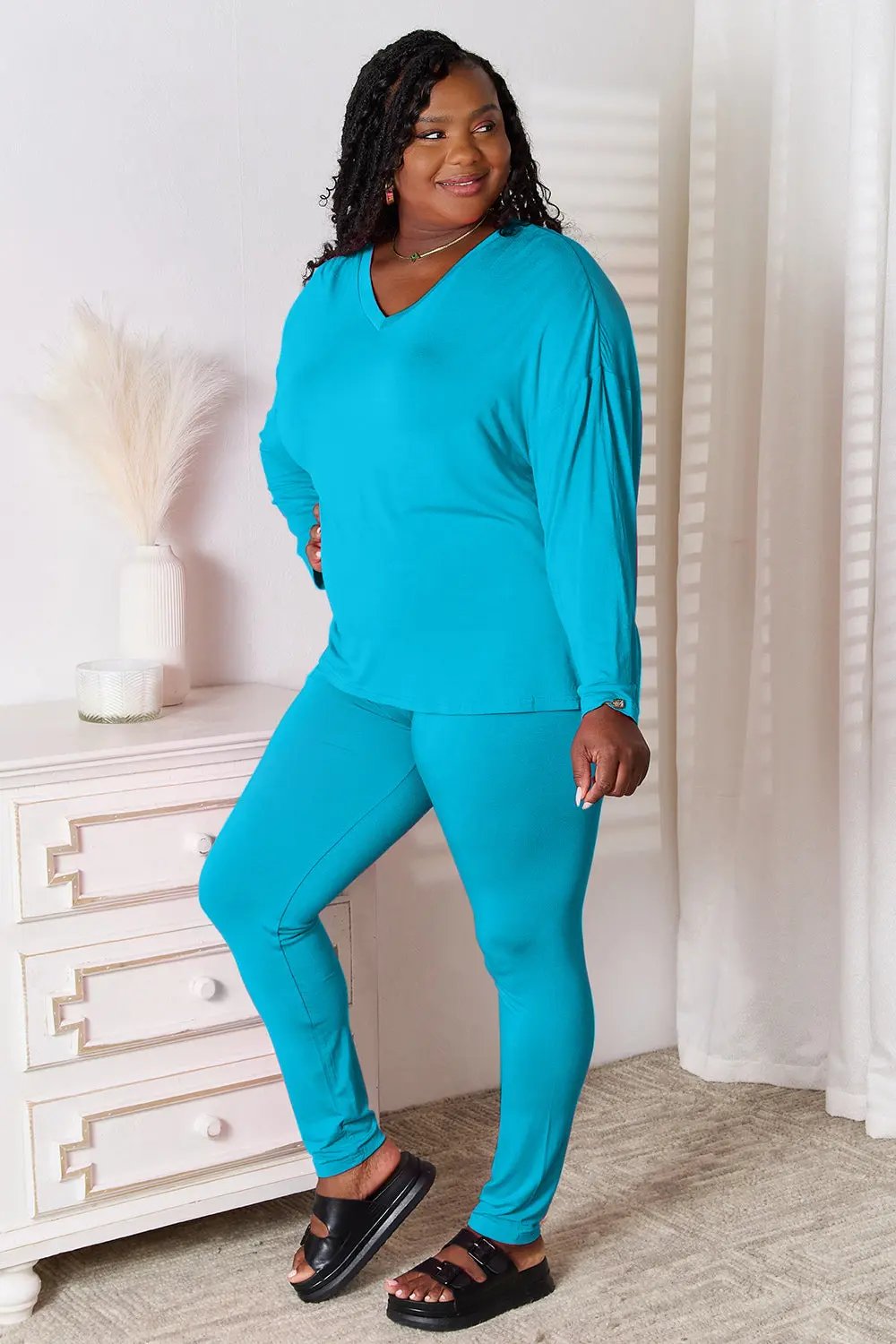 Basic Bae Full Size V-Neck Soft Rayon Long Sleeve Top and Pants Lounge Set - Love Salve