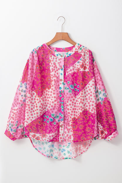 Floral elegance: Rose red oversized buttoned V-neck shirt