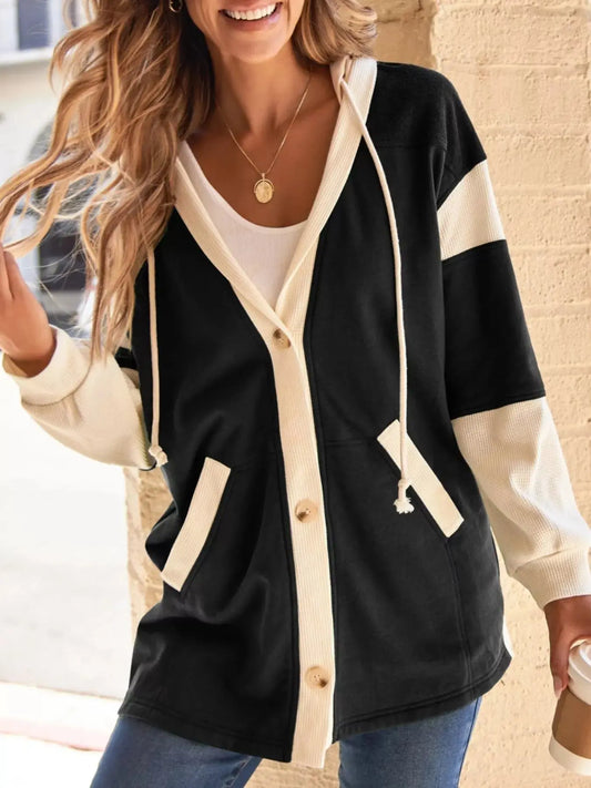 Button-Down Color Block Hoodie Simply Love