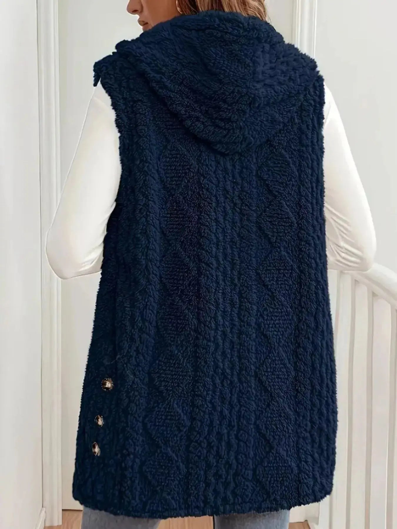 Hooded Button-Up Sherpa Vest Coat Simply Love