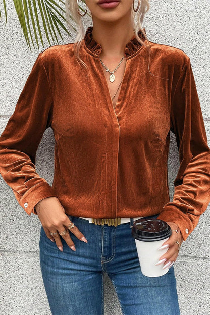 Notched Frill Detail Long Sleeve Blouse.