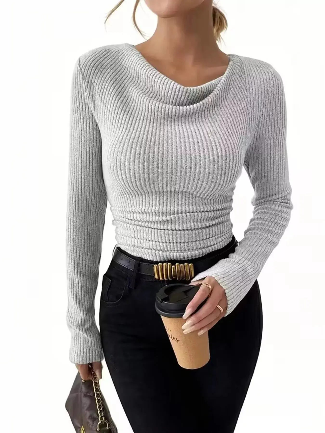 Cowl Neck Ribbed Knit Top Simply Love