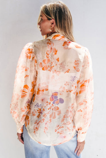 Floral balloon sleeve collared shirt