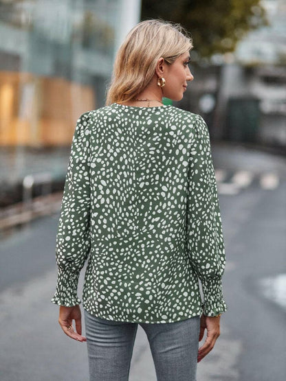 Printed V-Neck Lantern Sleeve Blouse.