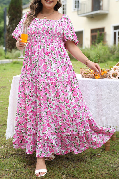 Chic pink floral plus size smocked maxi dress with puff sleeves