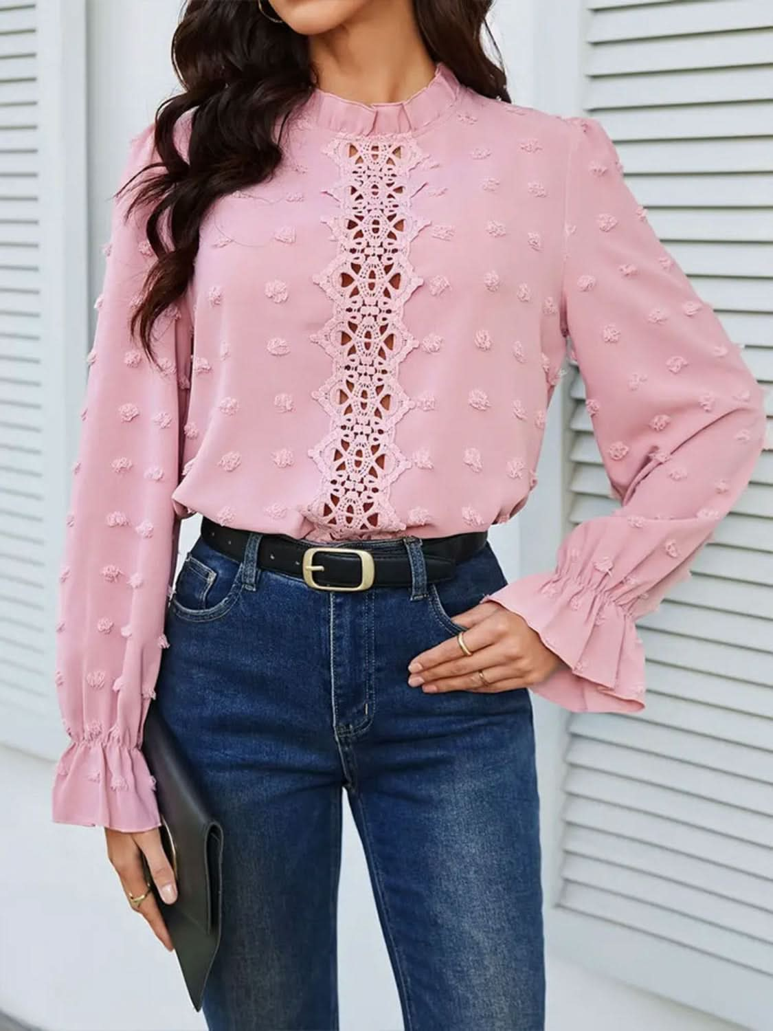 Chic Swiss dot mock neck blouse with flouncy sleeves