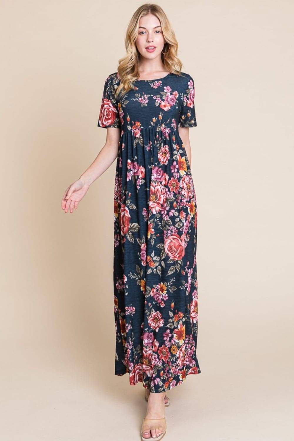 BOMBOM Floral Short Sleeve Maxi Dress.