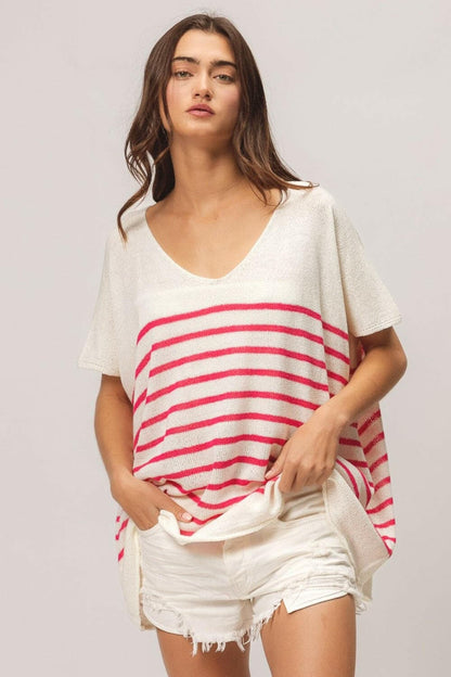 BiBi V Neck Striped Short Sleeve TopBiBi V Neck Striped Short Sleeve Top
 Discover the perfect blend of style and comfort with the BiBi V Neck Striped Short Sleeve Top. This chic top features a classicLove Salve Neck Striped Short Sleeve Topusa