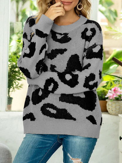 Drop Shoulder Leopard Pullover Sweater.