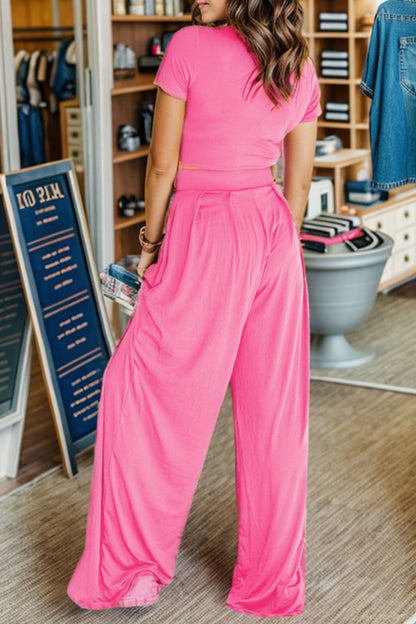 Short Sleeve Top and Wide Leg Pants Set.