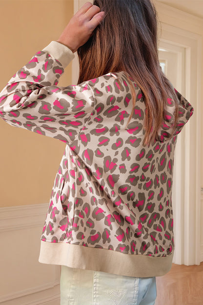 Rose Leopard Print Zip Up Hooded Sweatshirt Cozy Fashion