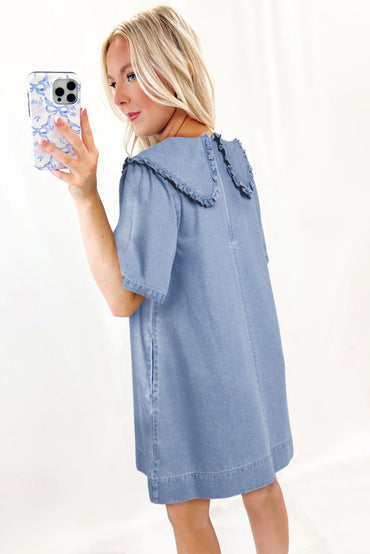Beau Blue Frilled Peter Pan Collar Loose Denim Dress