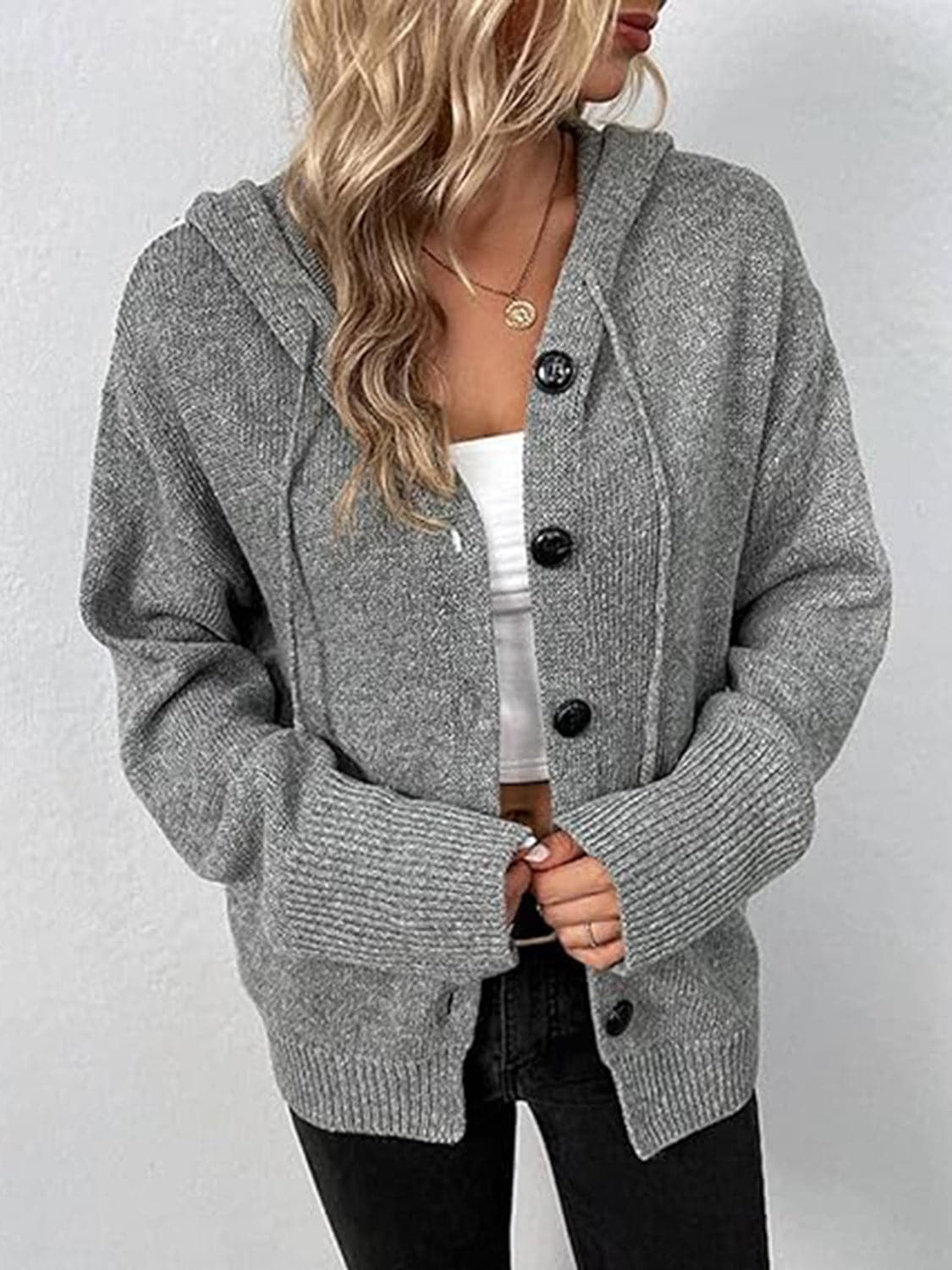 Button Up Drawstring Long Sleeve Hooded Cardigan.