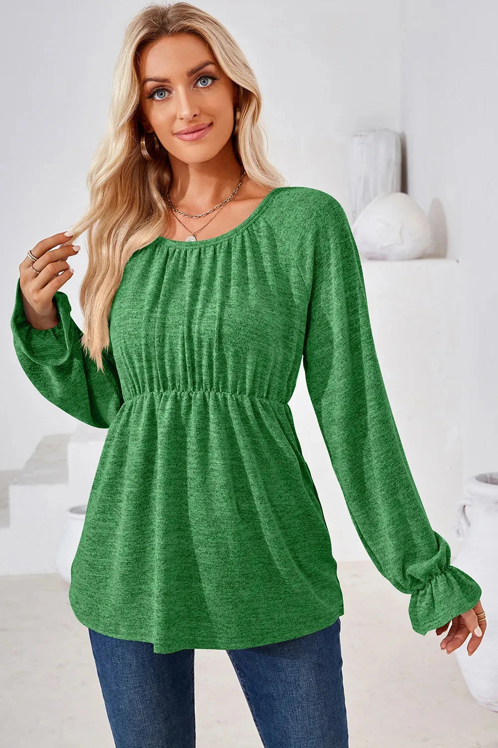 Ruched Round Neck Flounce Sleeve Blouse Coco’s Tee Boutique