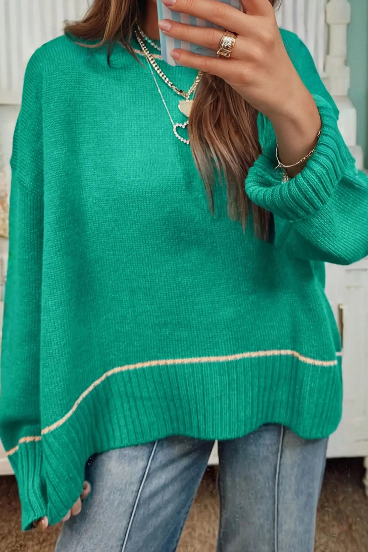 Sea Green Contrast Detail Drop Shoulder Baggy Oversized Knit Sweater Dear-Lover Dropshipping