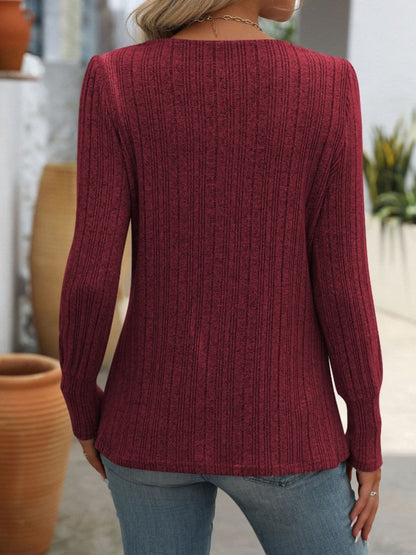 Decorative Button Striped Square Neck Long Sleeve T-Shirt.