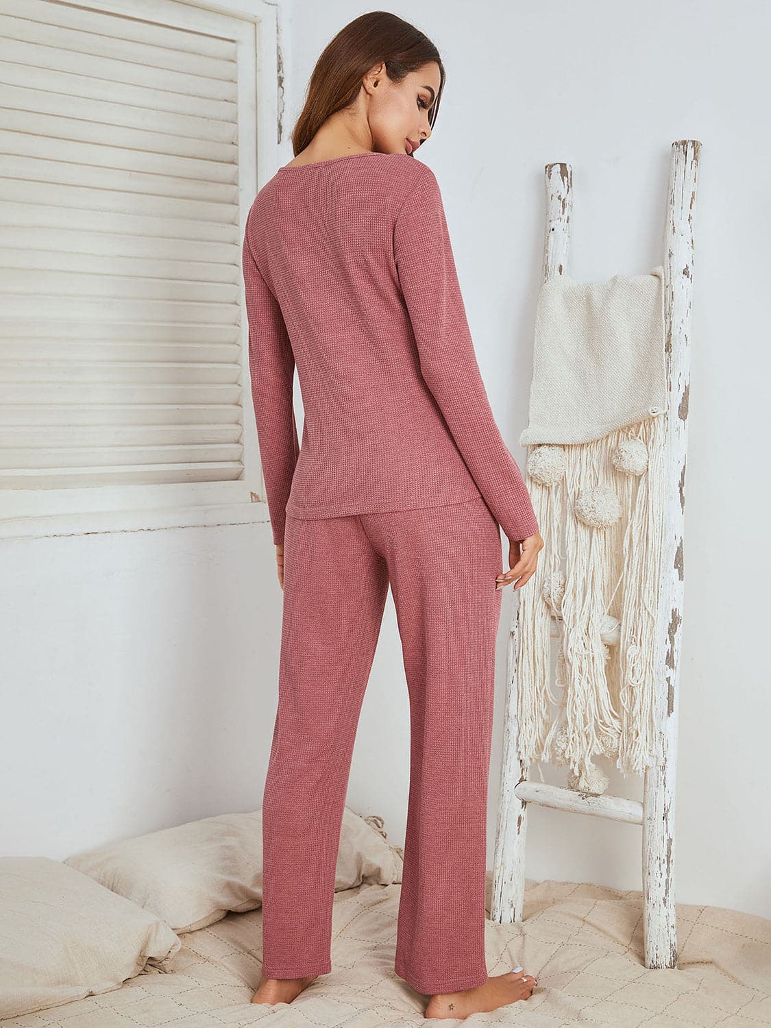 Chic Notched Long Sleeve Top and Pants Combo