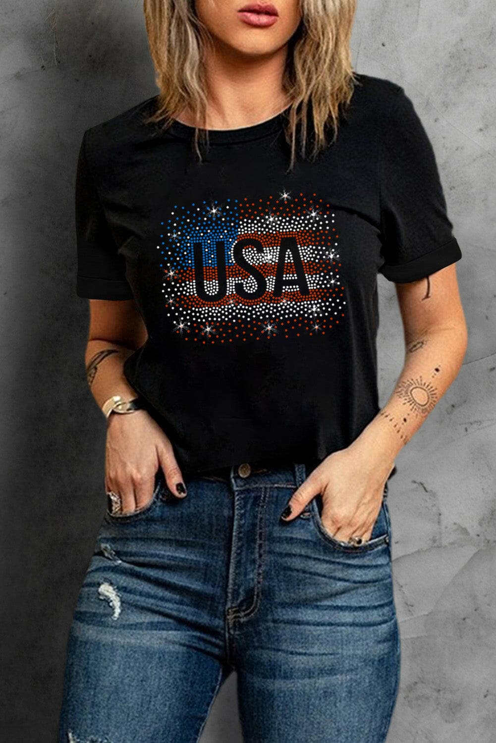 USA Rhinestone Round Neck Short Sleeve T-Shirt.