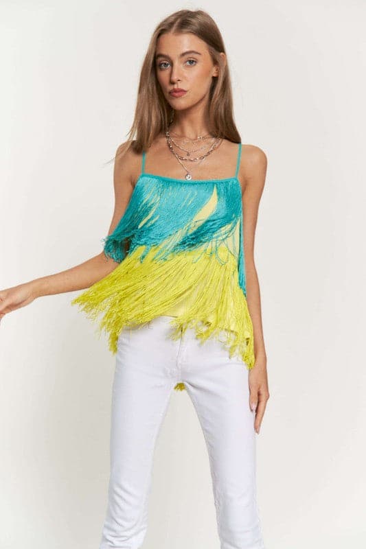 Fringe Overlay Cross Straps Party Cami Top.