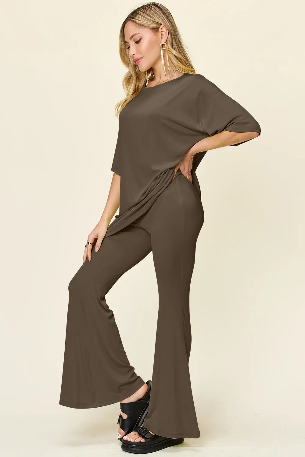 Double Take Full Size Round Neck Drop Shoulder T-Shirt and Flare Pants Set - Love Salve