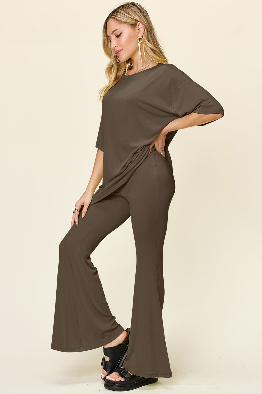 Double Take Full Size Round Neck Drop Shoulder T-Shirt and Flare Pants Set.