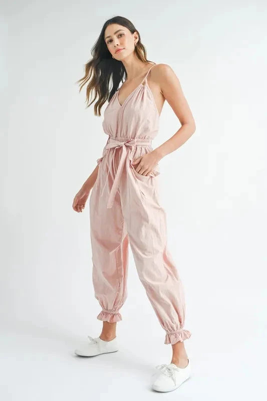 MABLE Washed Fabric Spaghetti Strap Waist Belted Jumpsuit Coco’s Tee Boutique