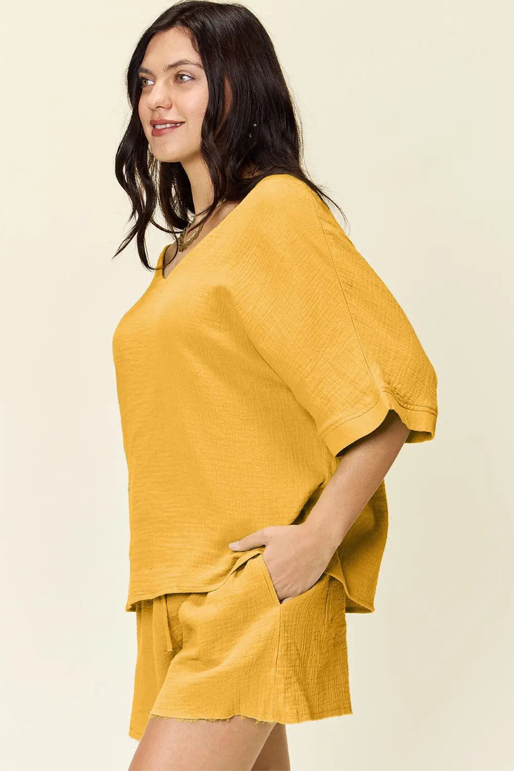 Double Take Texture Half Sleeve T-Shirt and Drawstring Shorts Set - Love Salve