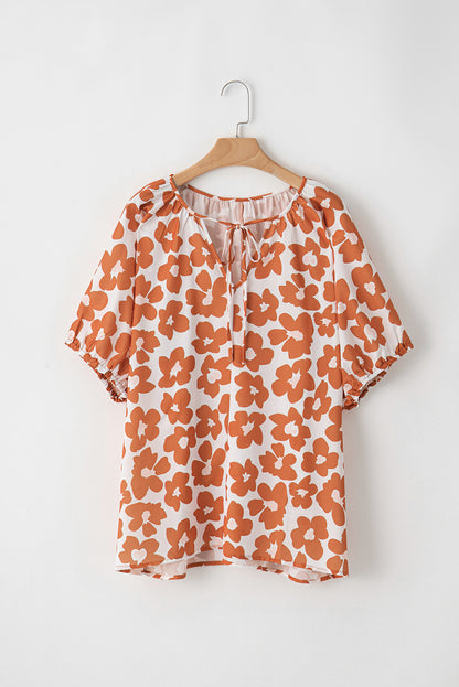 Floral Delight: Plus Size Orange V Neck Blouse with Drawstring Detail