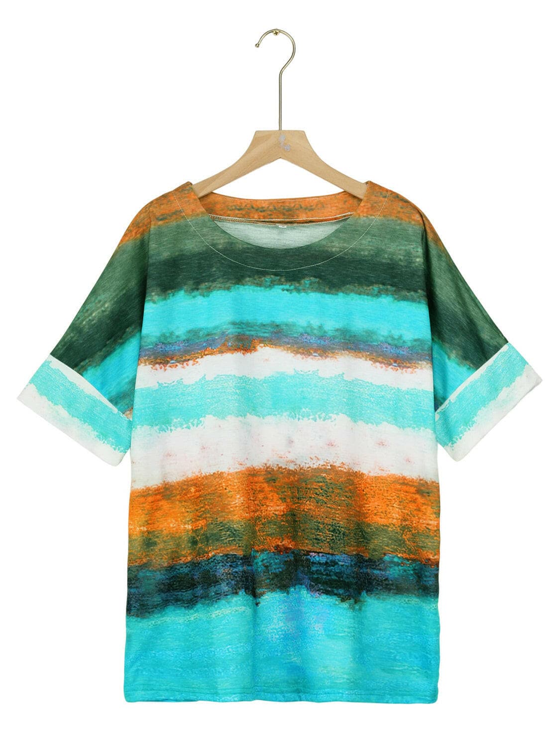 Full Size Color Block Round Neck Half Sleeve T-Shirt.