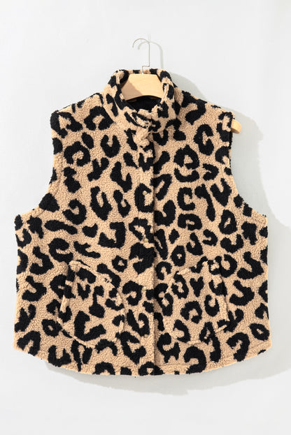 Premium Khaki Leopard Sherpa Button Front Plus Size Vest Jacket