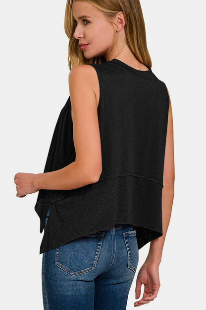 Zenana Exposed Seam Slit Round Neck Tank.