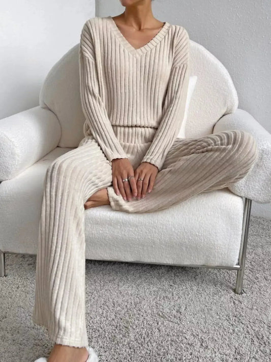 Ribbed Knit V-Neck Top and Pants Set Simply Love