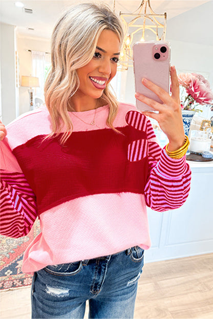 Color Block Pink Floral Textured Top with Striped Sleeves