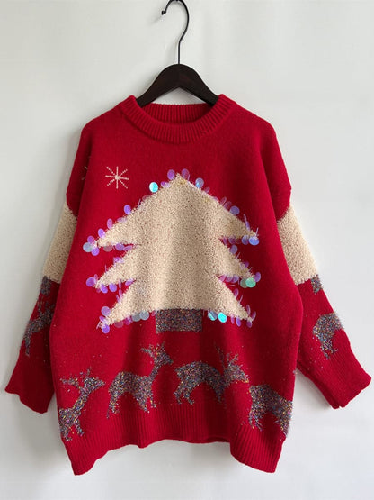 Sequin Christmas Tree & Reindeer Round Neck Sweater.