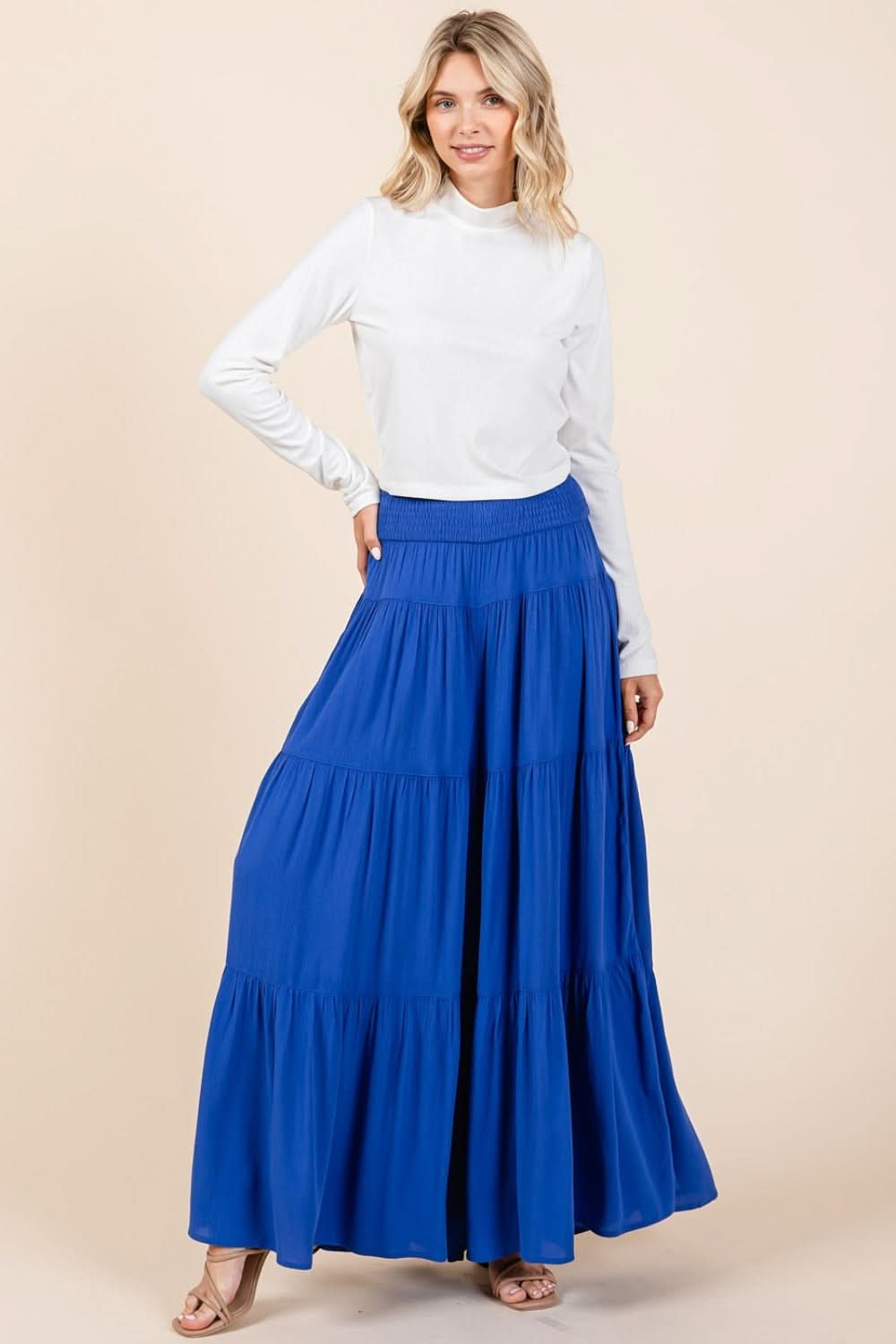 Elegant Tiered Wide Leg Smocked Pants with Elastic Waist and Pockets