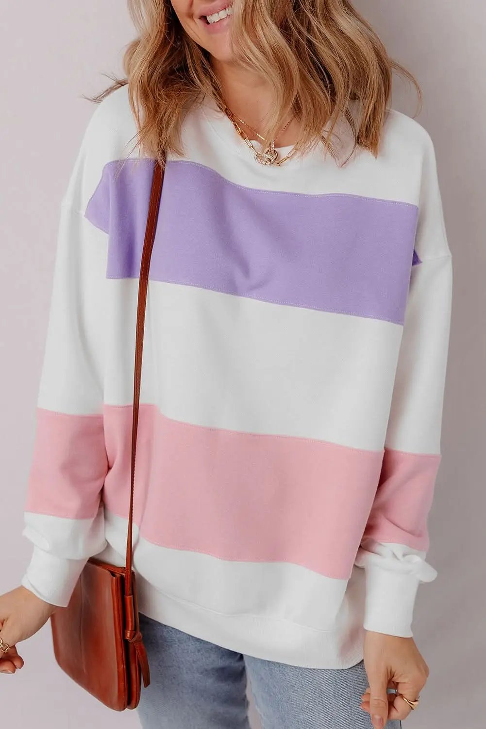 Beige Colorblock Patchwork Drop Shoulder Crewneck Sweatshirt - Love Salve 