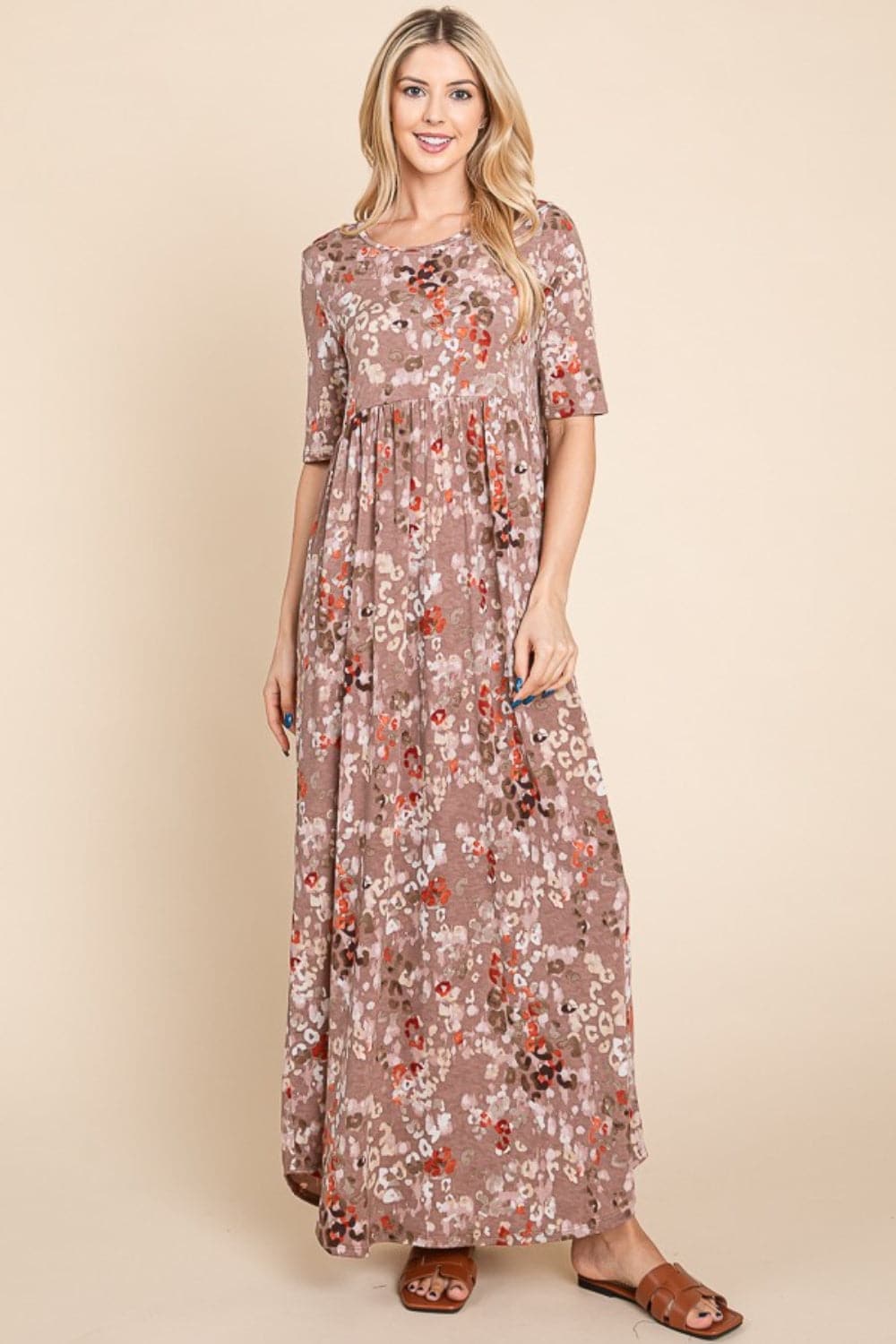 BOMBOM Printed Shirred Maxi Dress.