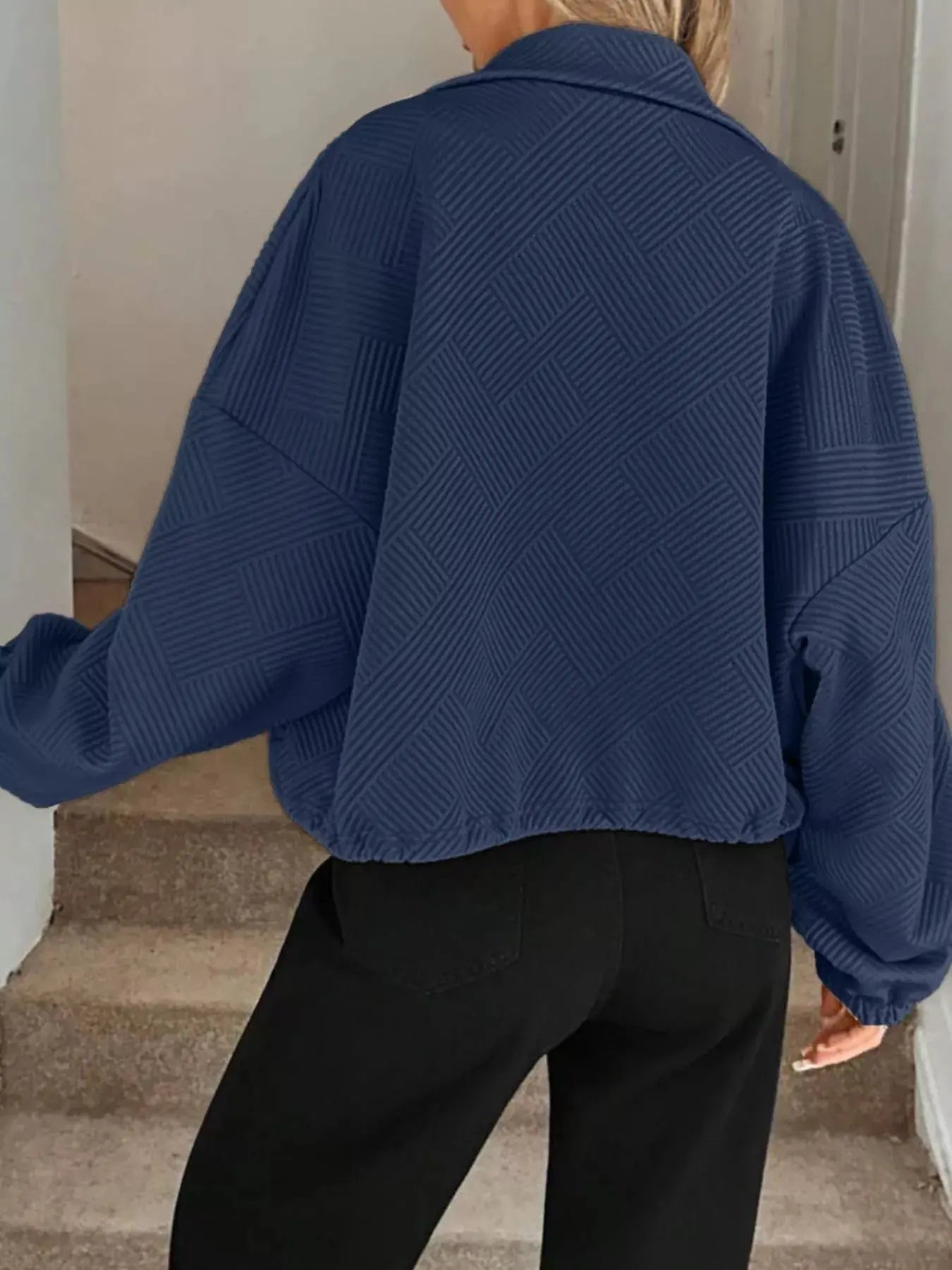 Textured Zip-Up Drawstring Hem Jacket Simply Love