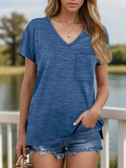 Pocketed Heathered V-Neck Short Sleeve T-Shirt.