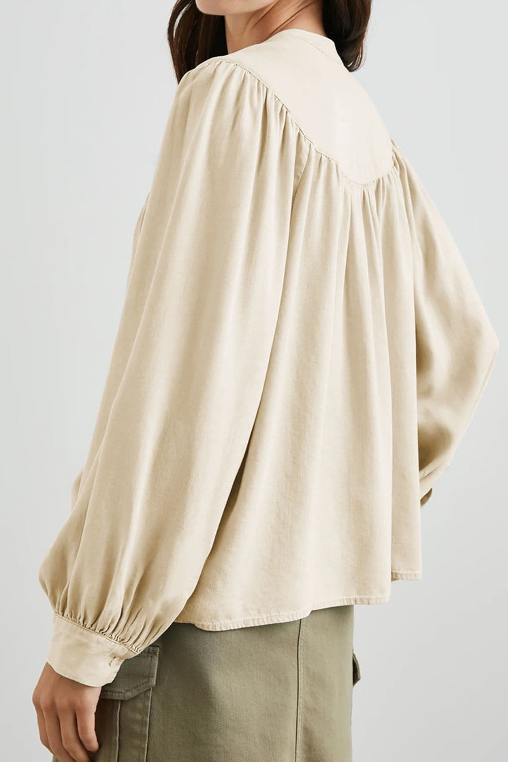 Ruched Notched Long Sleeve Blouse.