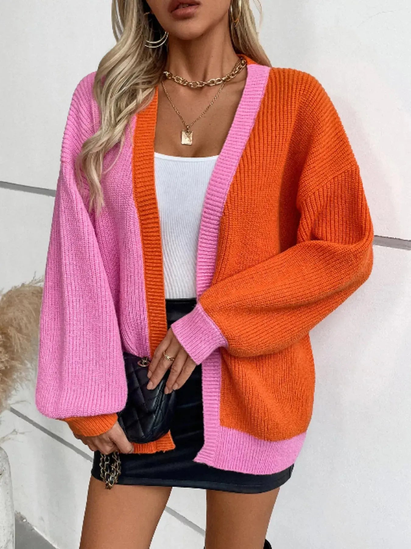 Color Block Open Front Knit Cardigan For Women Pink And Orange Simply Love