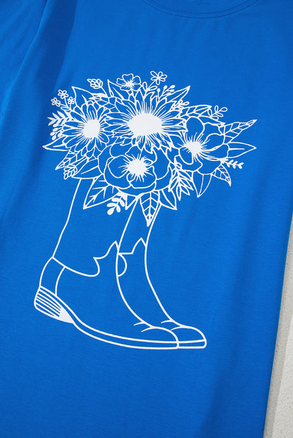 Blue Sunflower Boots Graphic Western Fashion T Shirt for Women