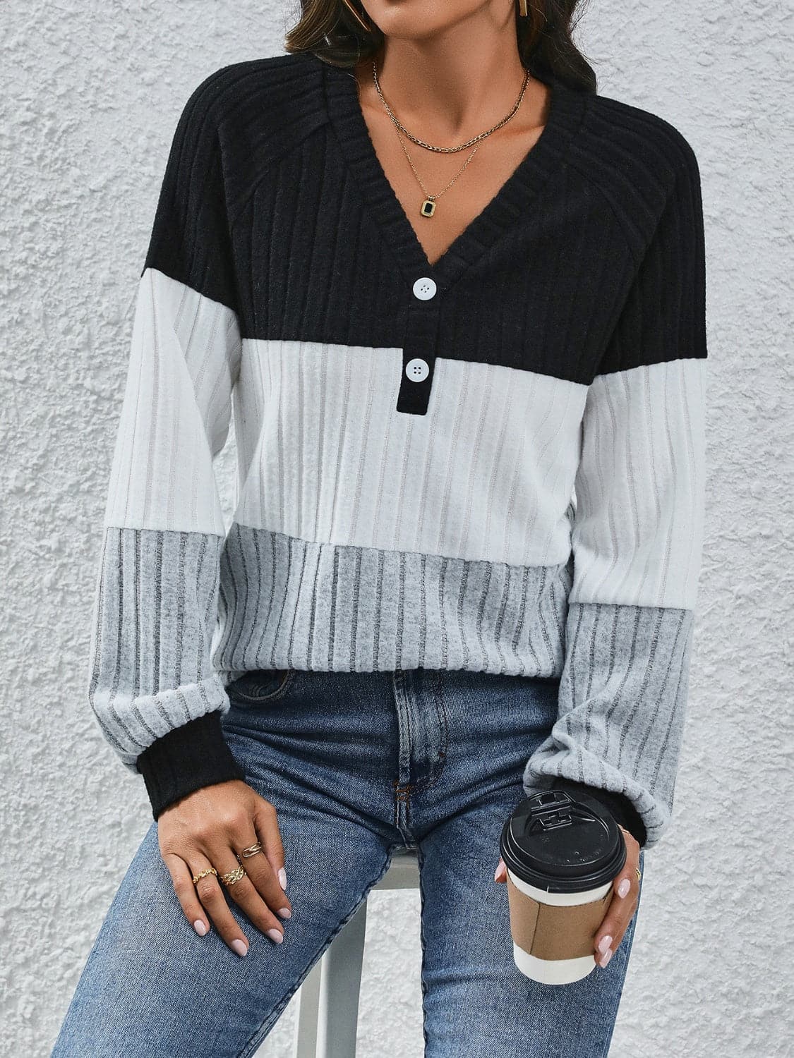 Ribbed v-neck long sleeve top