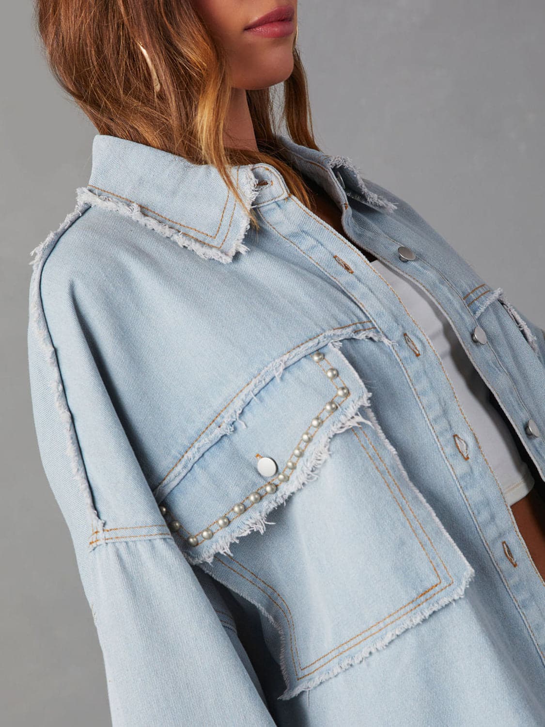 Button Down Raw Hem Denim Jacket.