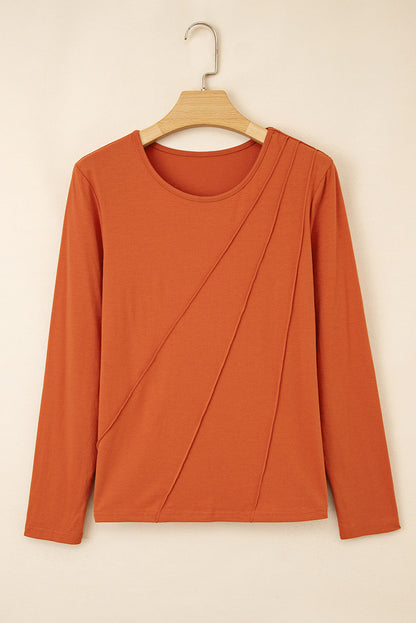 Red Clay Asymmetric Seam Detail Solid Color Long Sleeve Top