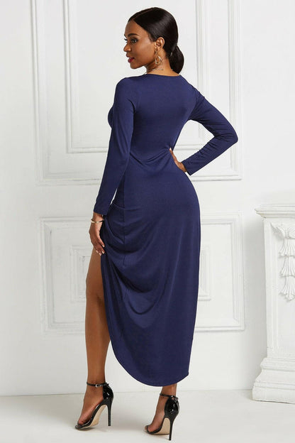 High-low Ruched Surplice Long Sleeve Dress.