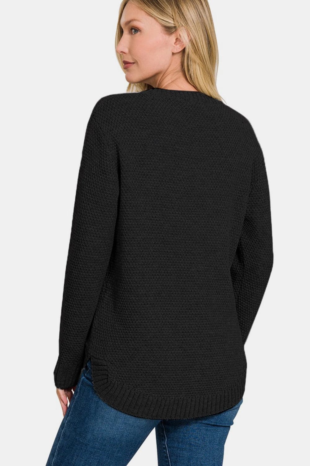 Zenana Ful Size Round Neck Long Sleeve Curved Hem Sweater.