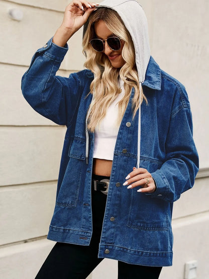 Oversized Button Up Denim Jacket with Hood
