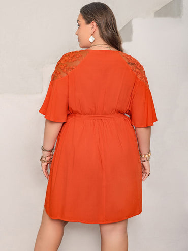 Plus Size Lace Button Up Half Sleeve Dress.