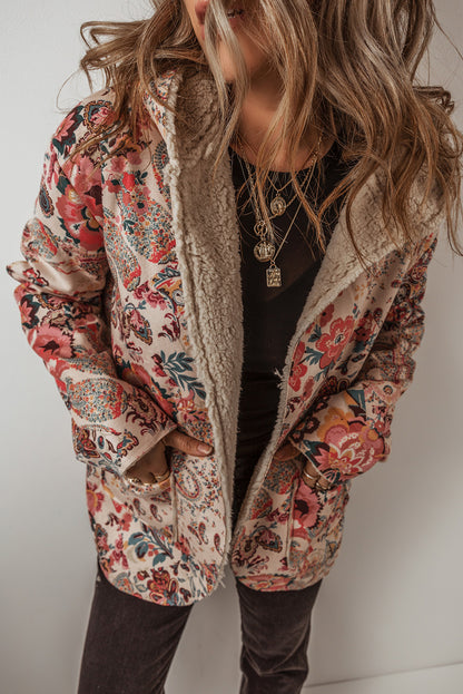 Beige floral paisley hooded Sherpa jacket for a vintage vibe